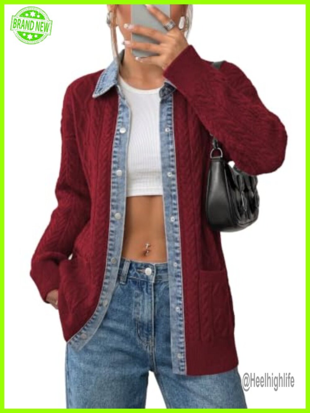 Cable Knit Denim Collar Cardigan Button Front Sweater